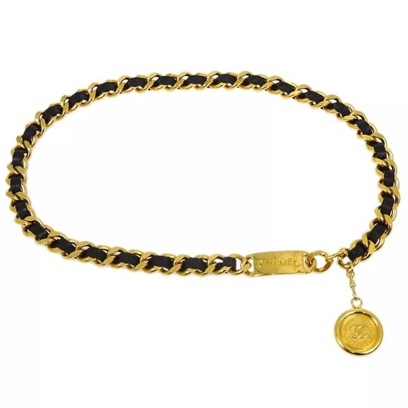 Chanel Gold Black Medallion Chain Belt Small Good - Picture 1 of 4